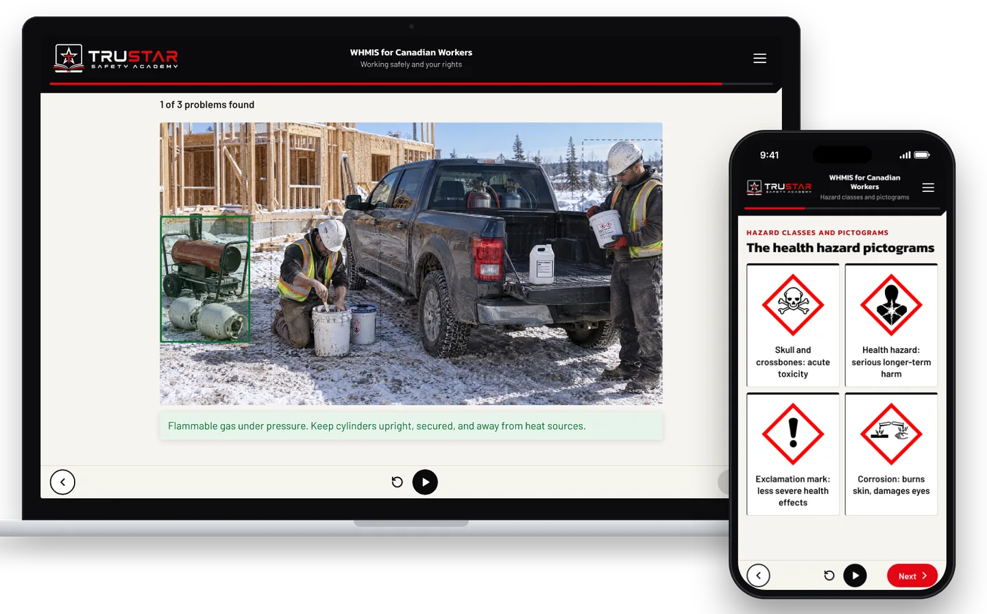 The WHMIS course on a laptop, showing a construction-site hazard-spotting scene with one hazard found, and on a phone, showing the health hazard pictograms.