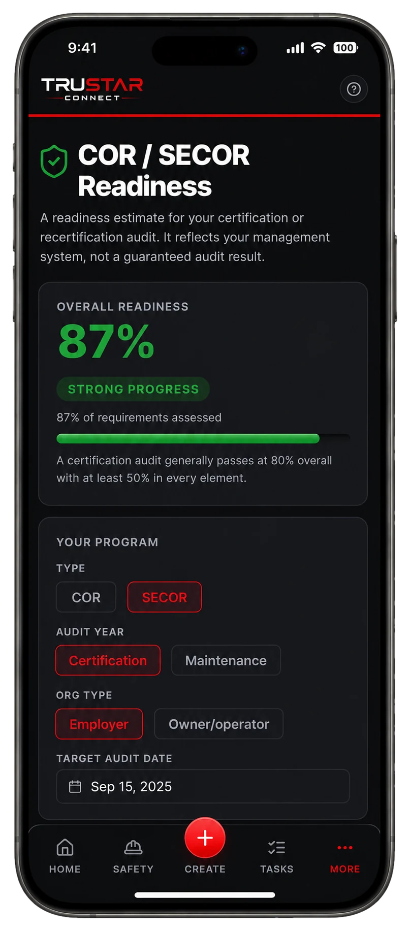 TruStar Connect COR and SECOR Readiness screen showing an overall readiness score
