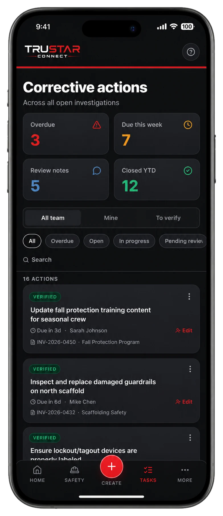TruStar Connect Corrective actions screen across open investigations with verification status