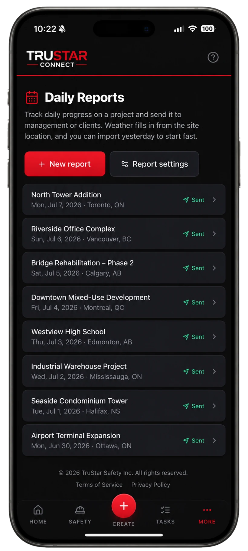 TruStar Connect Daily Reports list showing daily project reports sent to clients