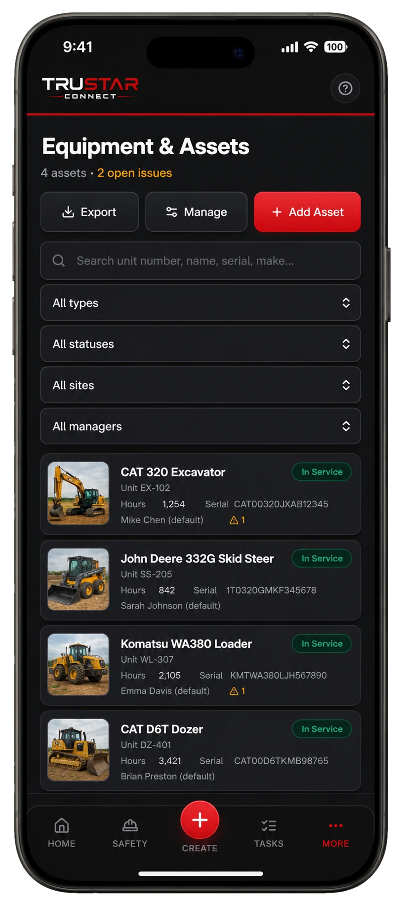 TruStar Connect Equipment and Assets screen listing vehicles and equipment with hours and status