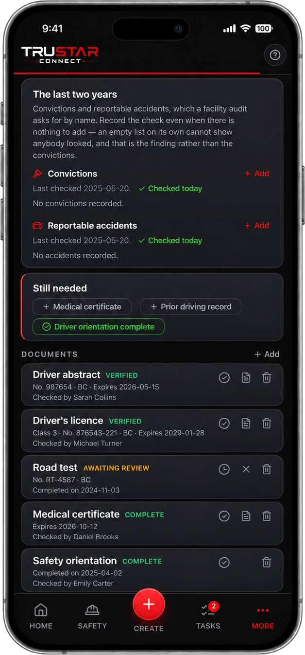 A driver file showing documents marked verified or awaiting review with the name of the manager who checked each one, and the two-year conviction and accident checks