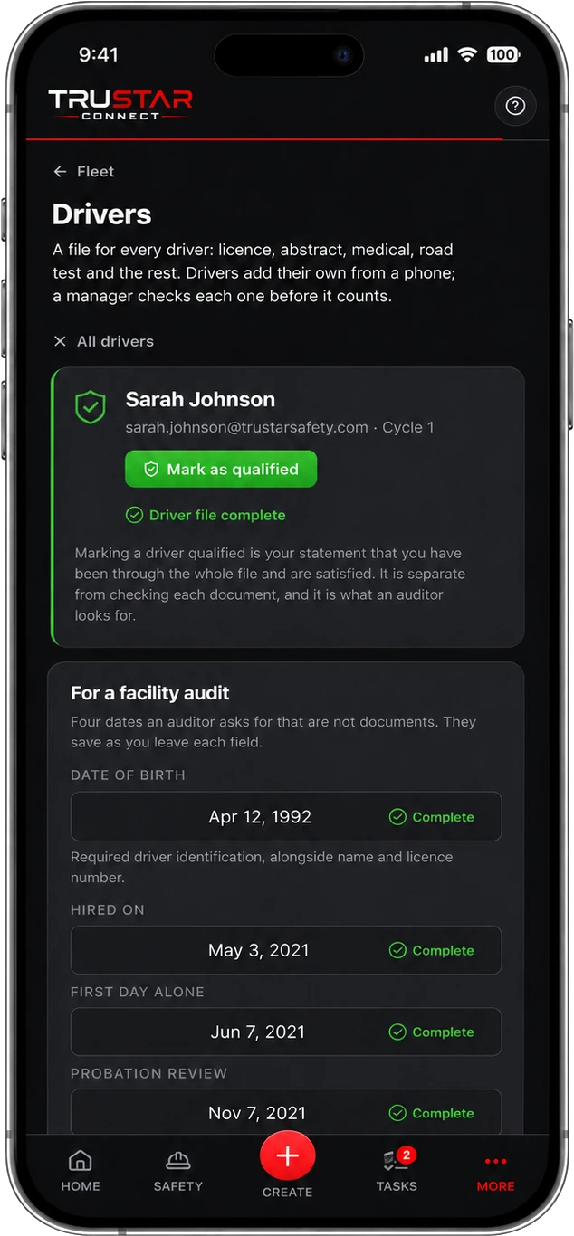 TruStar Connect driver file showing a mark-as-qualified action and the four facility audit dates