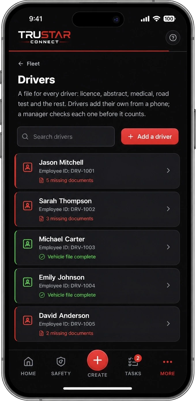 TruStar Connect Drivers list showing driver files with missing document counts and completed files