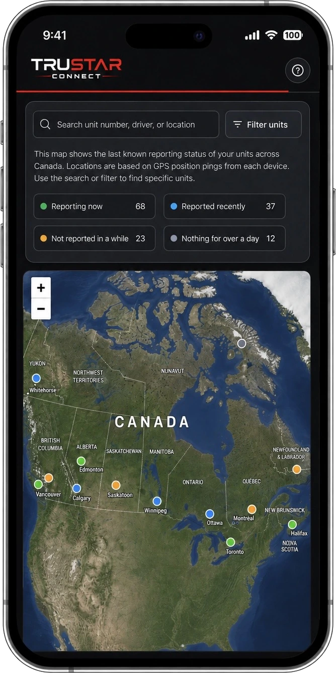 TruStar Connect Fleet map showing units across Canada coloured by how recently each one reported