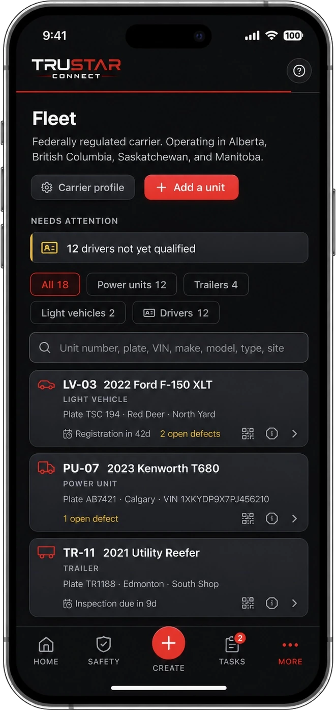 TruStar Connect Fleet register on a phone showing power units, trailers and light vehicles with expiry dates and open defects