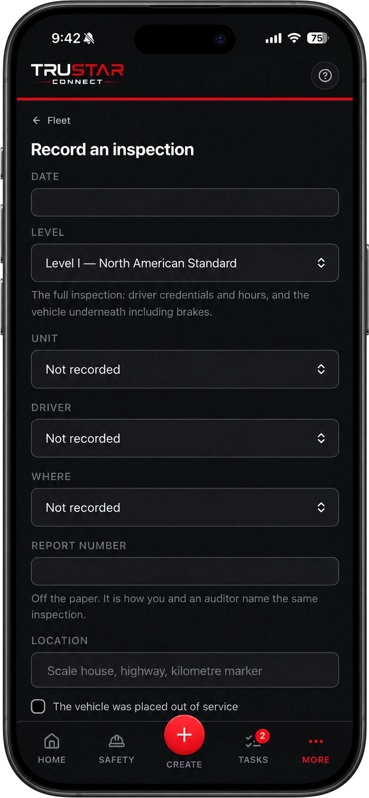 TruStar Connect roadside inspection form with CVSA inspection level, unit, driver, report number and out-of-service checkbox