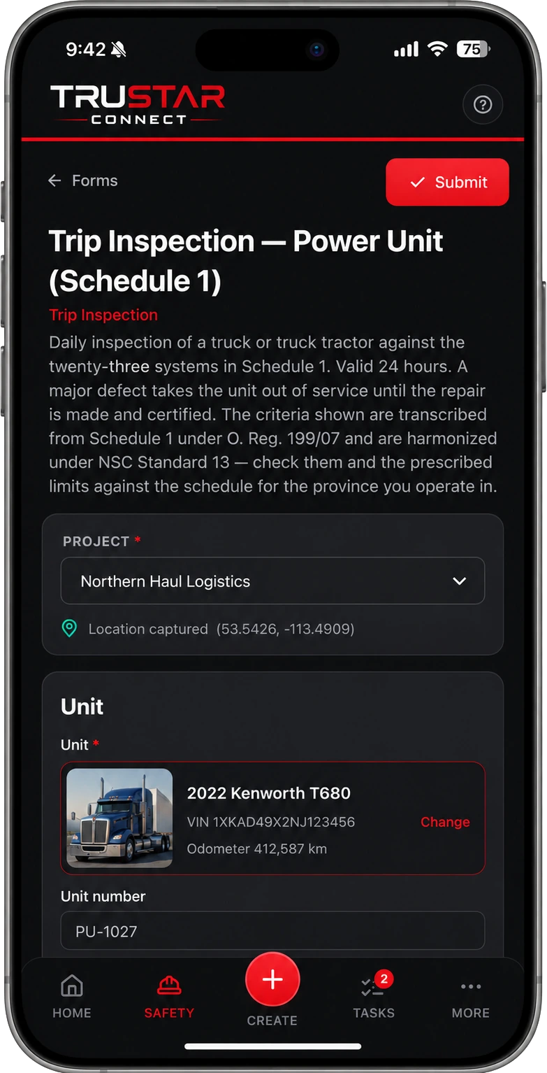 TruStar Connect Schedule 1 power unit trip inspection on a phone with the unit, VIN and odometer already filled in