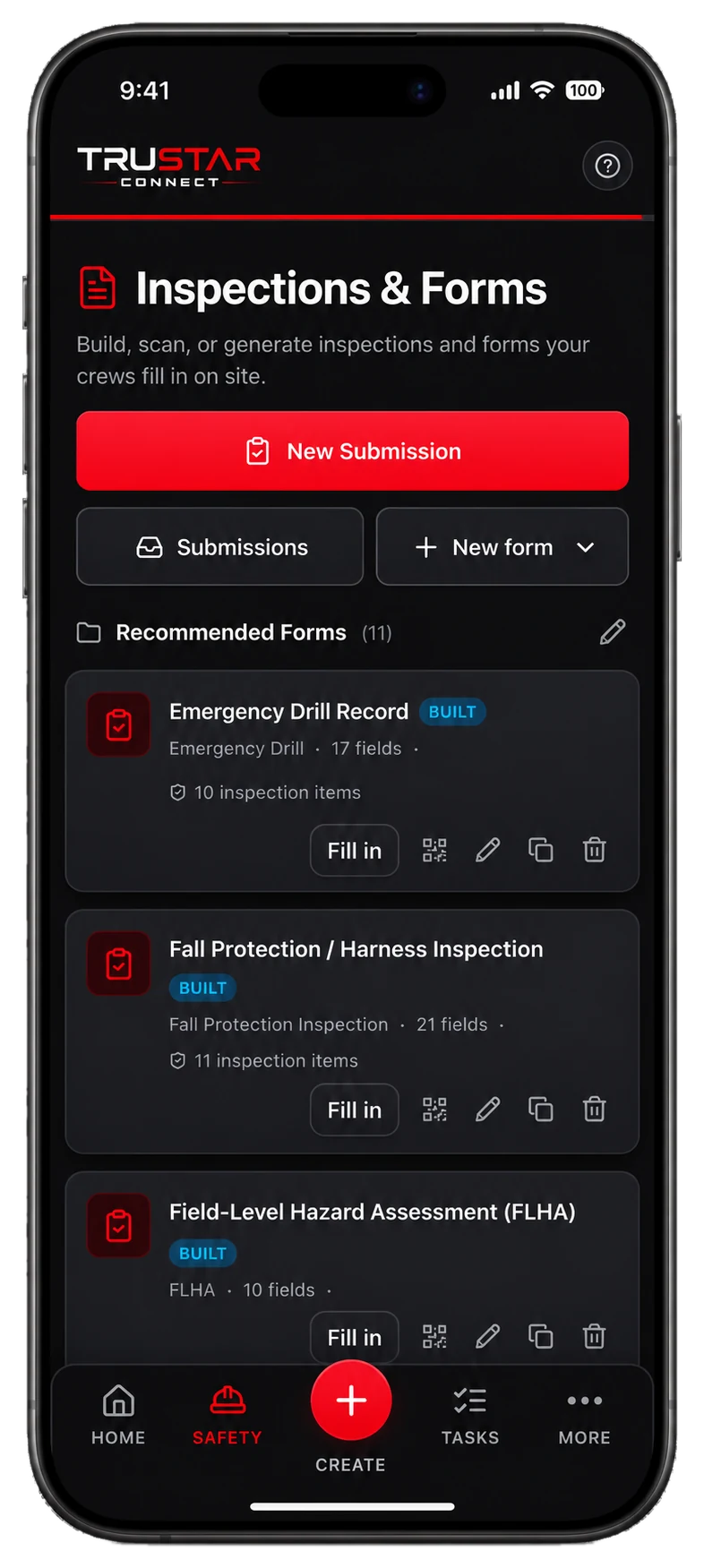 TruStar Connect Inspections and Forms screen with recommended forms and built inspections