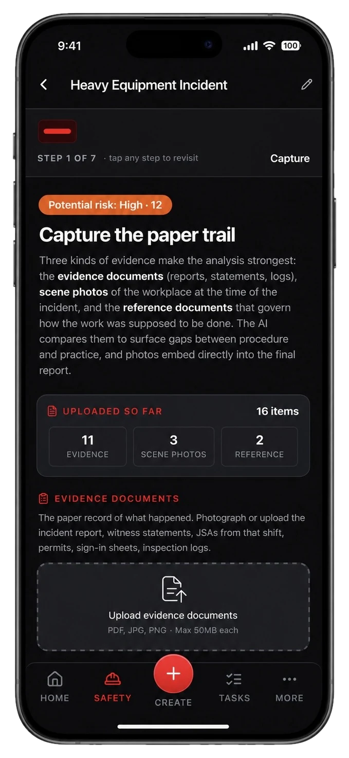 TruStar Connect incident investigation screen for capturing evidence, photos and reference documents