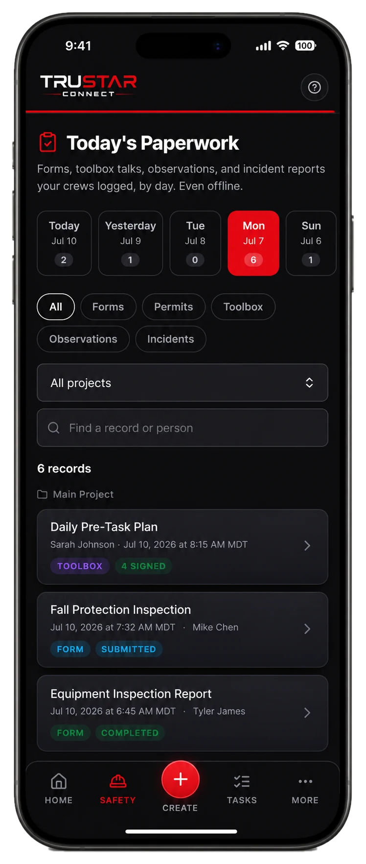 TruStar Connect Today's Paperwork screen listing forms, permits, toolbox talks and observations logged by day