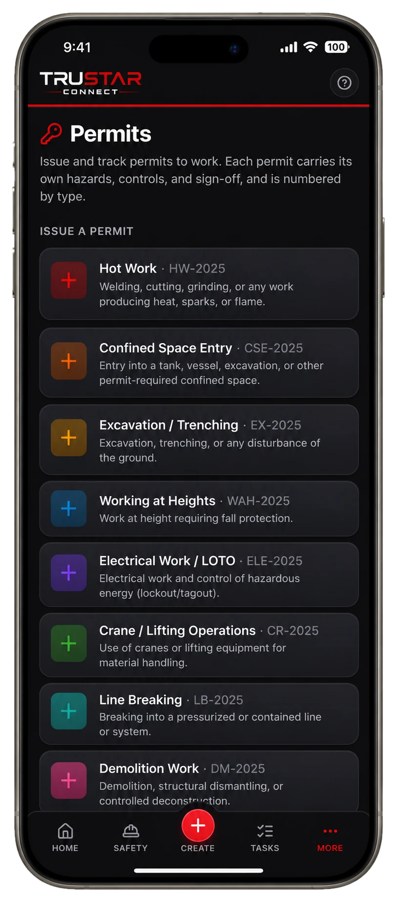 TruStar Connect Permits to Work screen listing hot work, confined space, excavation and other permit types