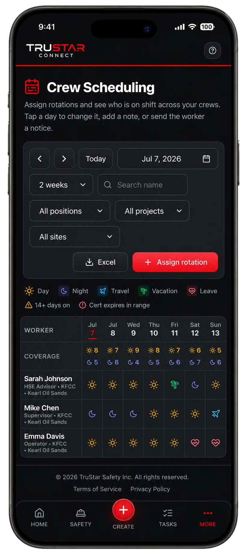 TruStar Connect Crew Scheduling matrix showing worker rotations, coverage and shift icons