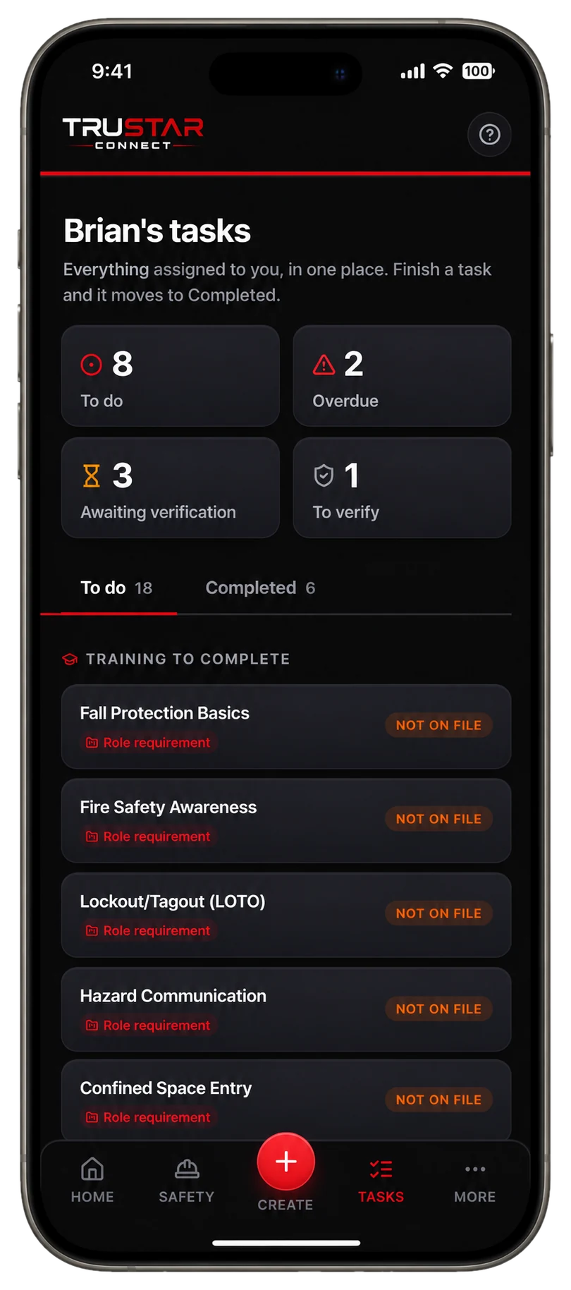TruStar Connect corrective actions and tasks screen